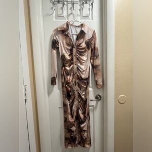 NEW - Long sleeve brown tie dye dress